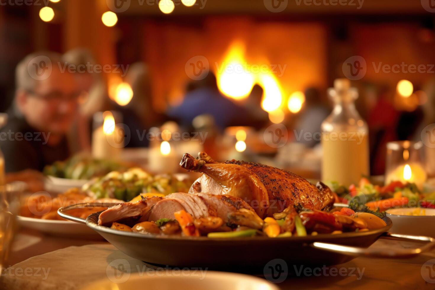 Roast turkey in the foreground on a festive table. photo