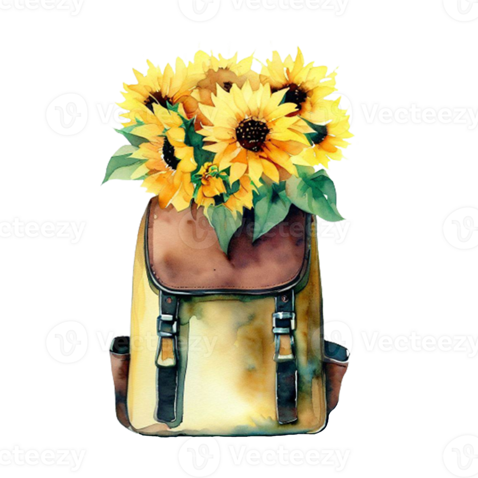Watercolor Sunflower School bag Sublimation.  It can be used this graphic for any merchandise. It is perfect for any project packaging, stationery, mugs,  bags, pillows, t-shirts, etc. png