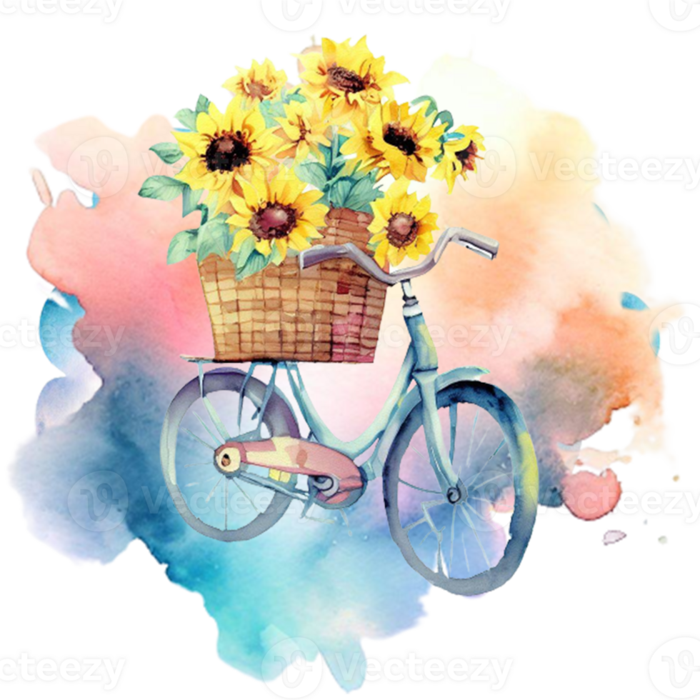 Watercolor Sunflower Bicycle Sublimation. It can be used this graphic for any merchandise. It is perfect for any project packaging, stationery, mugs,  bags, pillows, t-shirts, etc. whatever you want. png