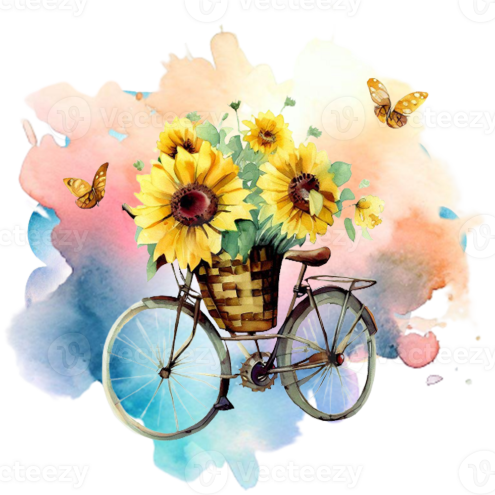 Watercolor Sunflower Bicycle Sublimation. It can be used this graphic for any merchandise. It is perfect for any project packaging, stationery, mugs,  bags, pillows, t-shirts, etc. whatever you want. png