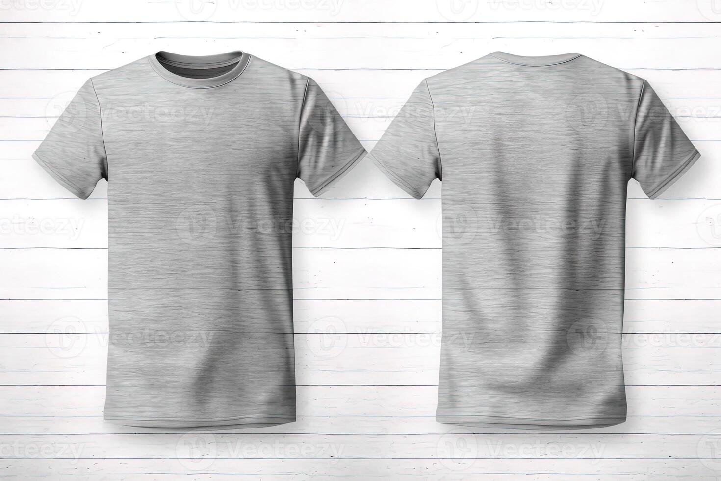 Grey male t-shirt realistic mockup set from front and back view, blank textile print design template for fashion apparel. photo