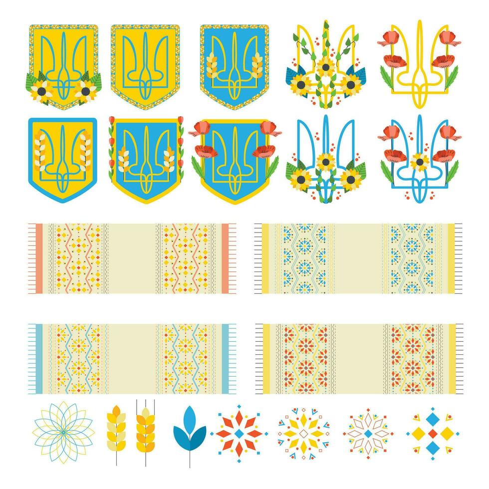 A set of elements of a coat of arms, a flag, embroidered towels, an ornament. Ukrainian symbols. vector