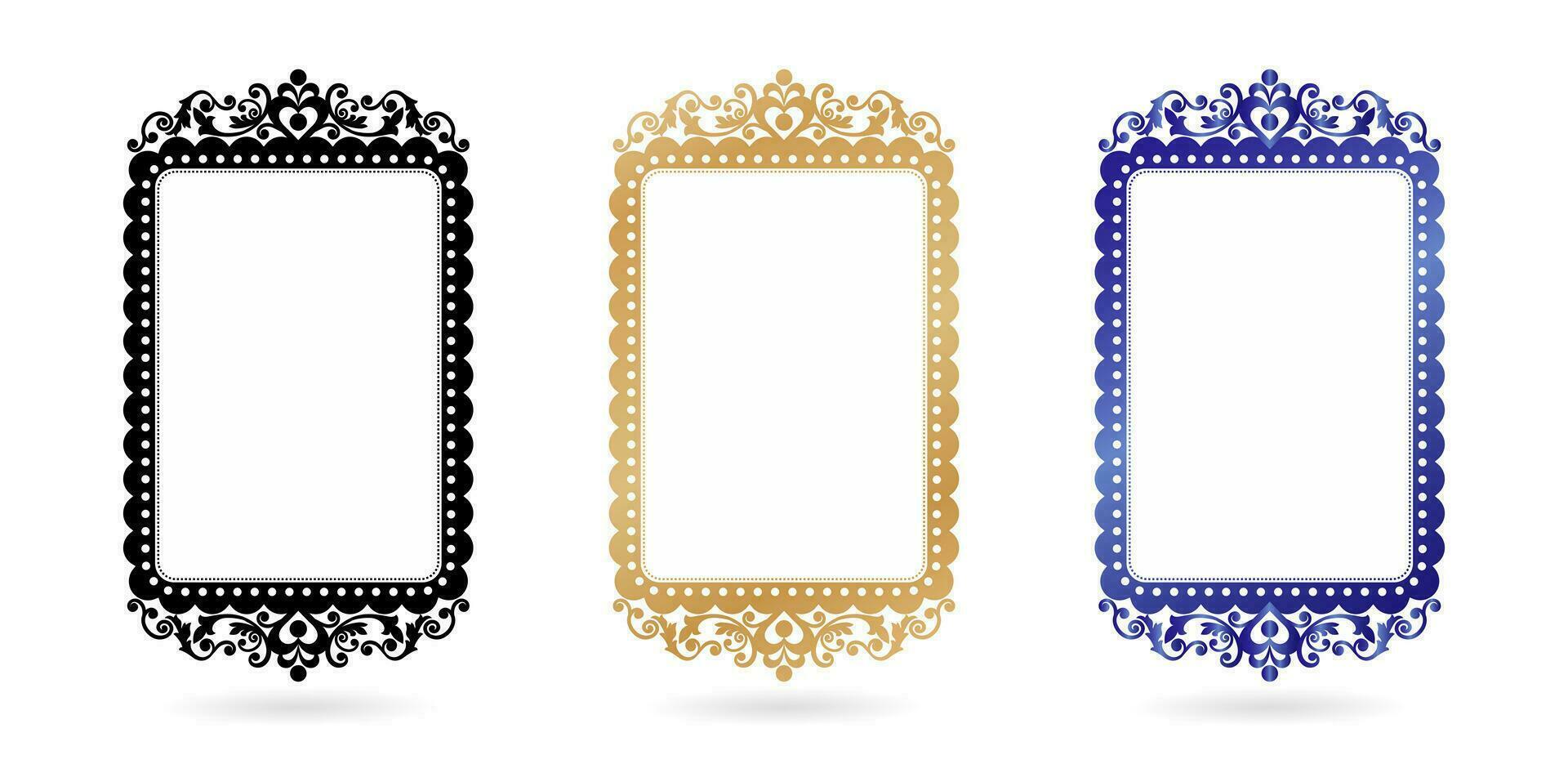 Vector illustration set of rectangle rounded decorative frames in Victorian style. Elegant element for design in Eastern style, place for text. Floral border. Lace for invitations and greeting cards