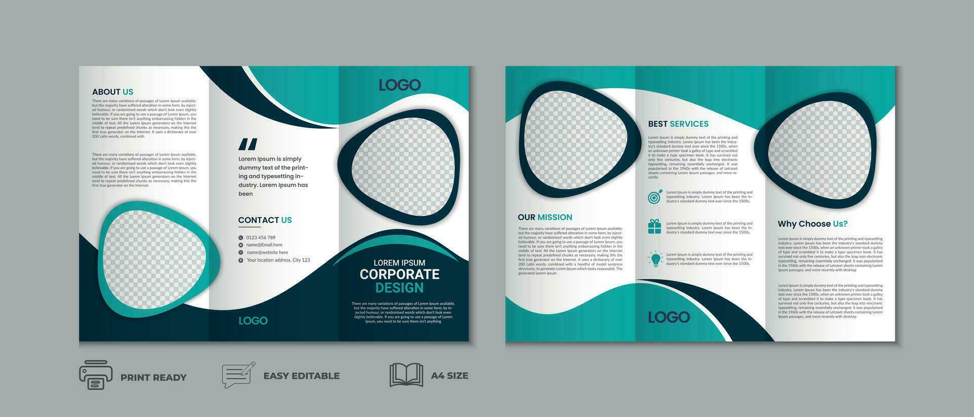 Trifold brochure template, three fold cover page, three fold brochure background layout design with mockup vector