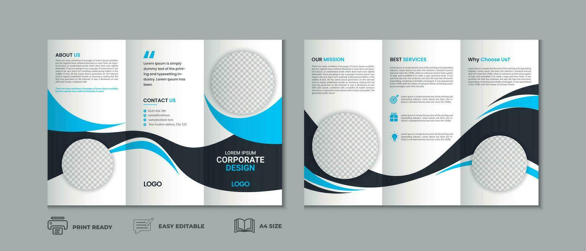 Trifold brochure template, three fold cover page, three fold brochure background layout design with mockup vector