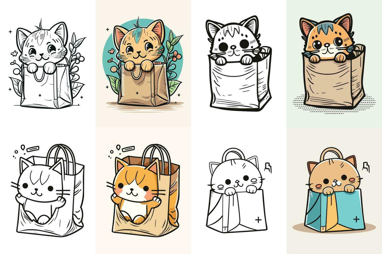 Little Cat in a paper shopping bag bundle, Cat Cartoon in a paper shopping bag bundle, Funny Cat in a paper shopping bag, Cat Lover's, Cute Cat logo design. cat logo, Cat cartoon character design. vector