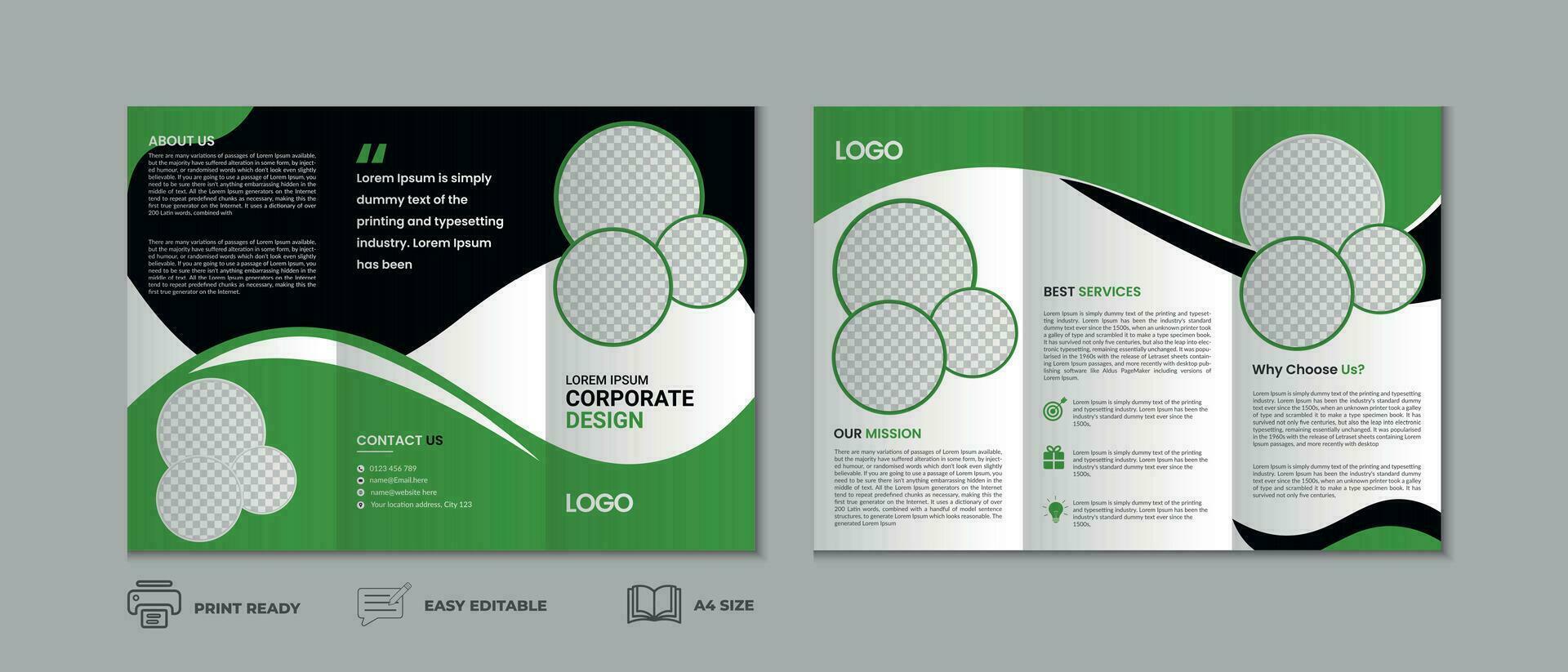 Trifold brochure template, three fold cover page, three fold brochure background layout design with mockup vector