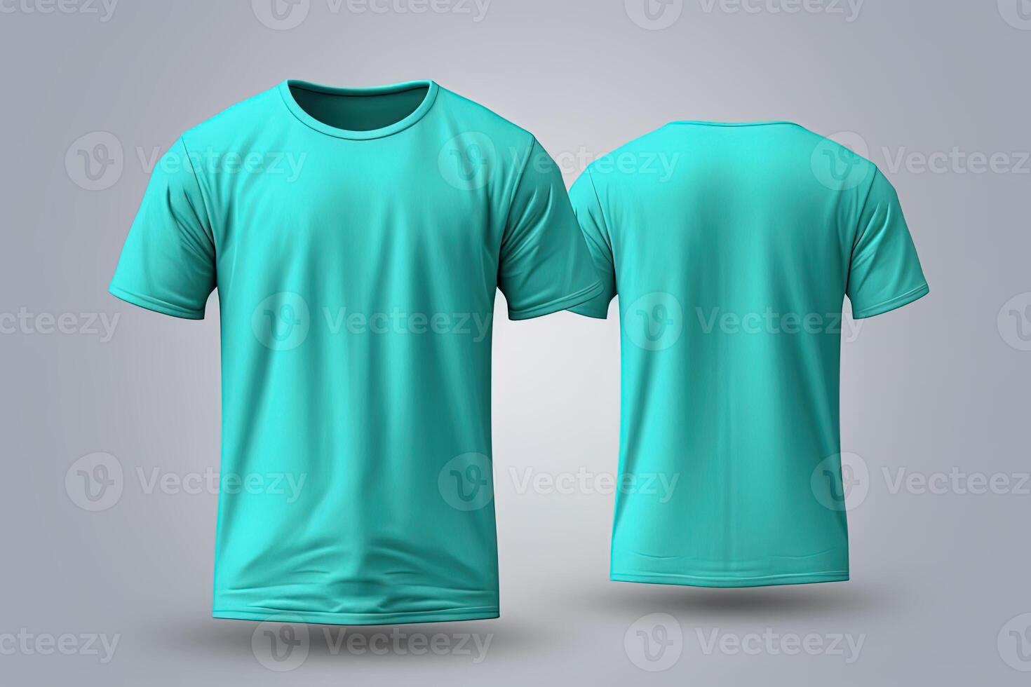 Cyan male t-shirt realistic mockup set from front and back view, blank textile print design template for fashion apparel. AI Generated photo