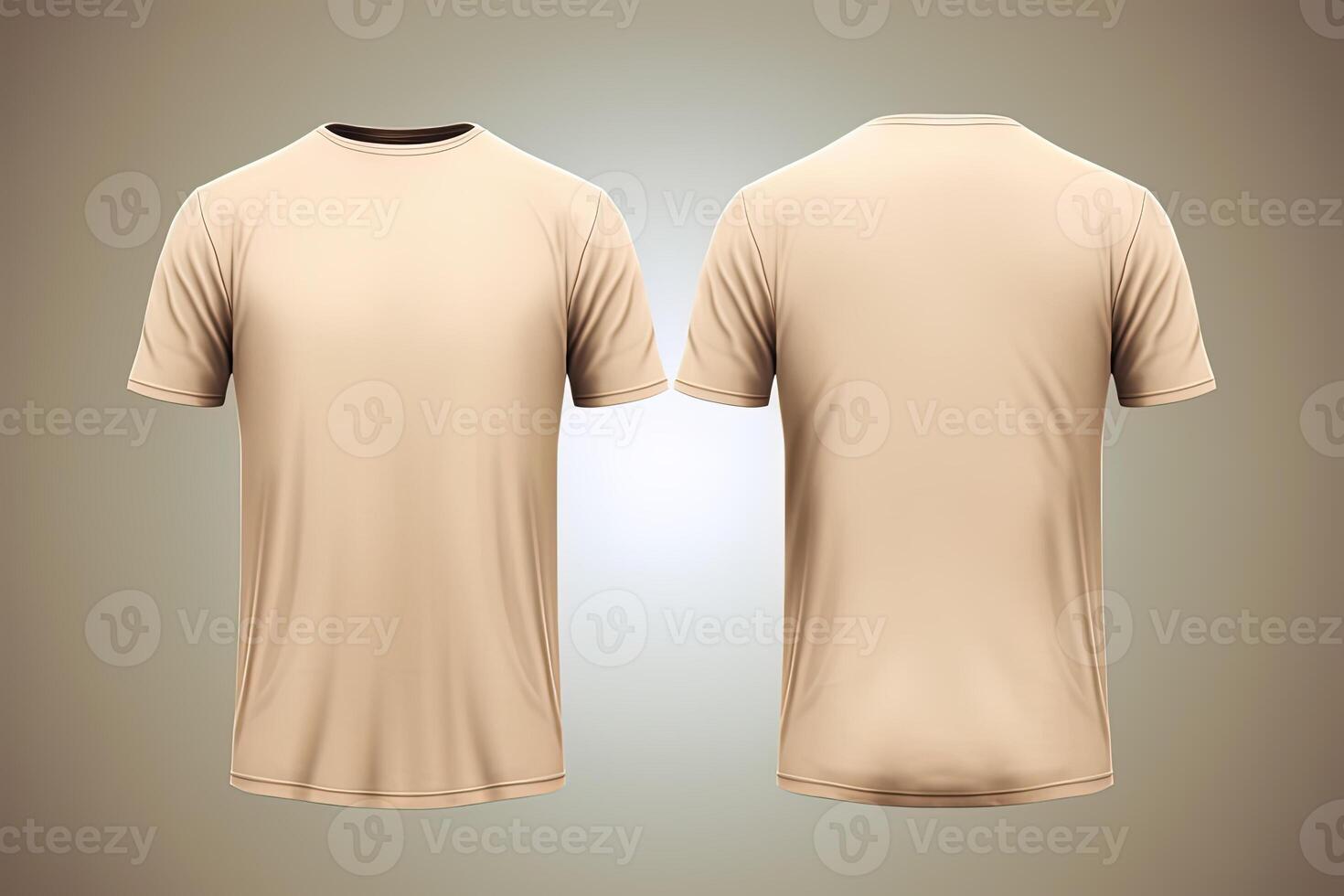 Beige male t-shirt realistic mockup set from front and back view, blank textile print design template for fashion apparel. photo