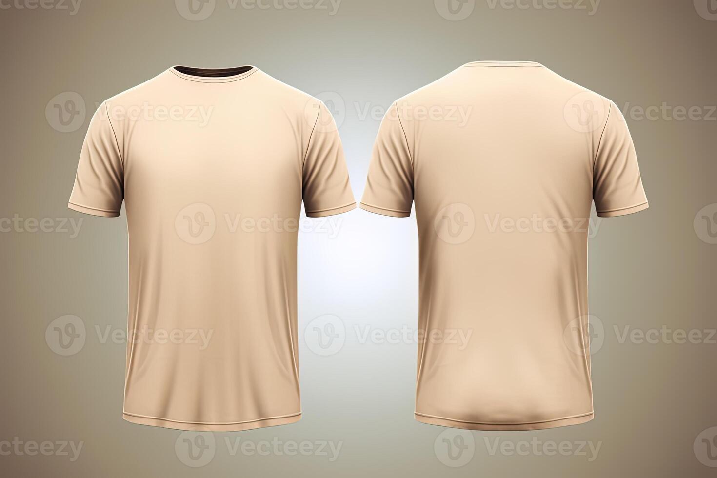 Beige male t-shirt realistic mockup set from front and back view, blank textile print design template for fashion apparel. AI Generated photo