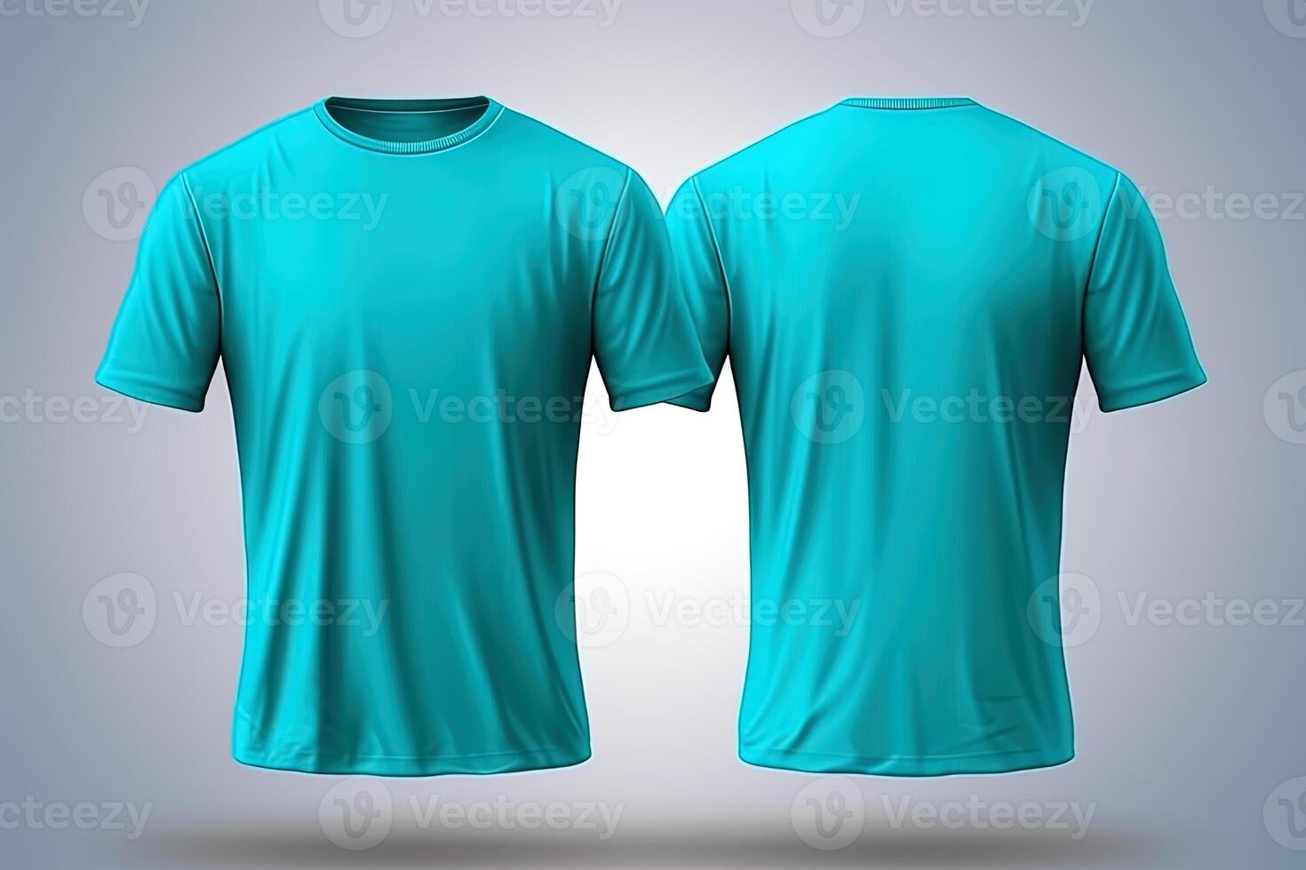 Cyan male t-shirt realistic mockup set from front and back view, blank textile print design template for fashion apparel. photo