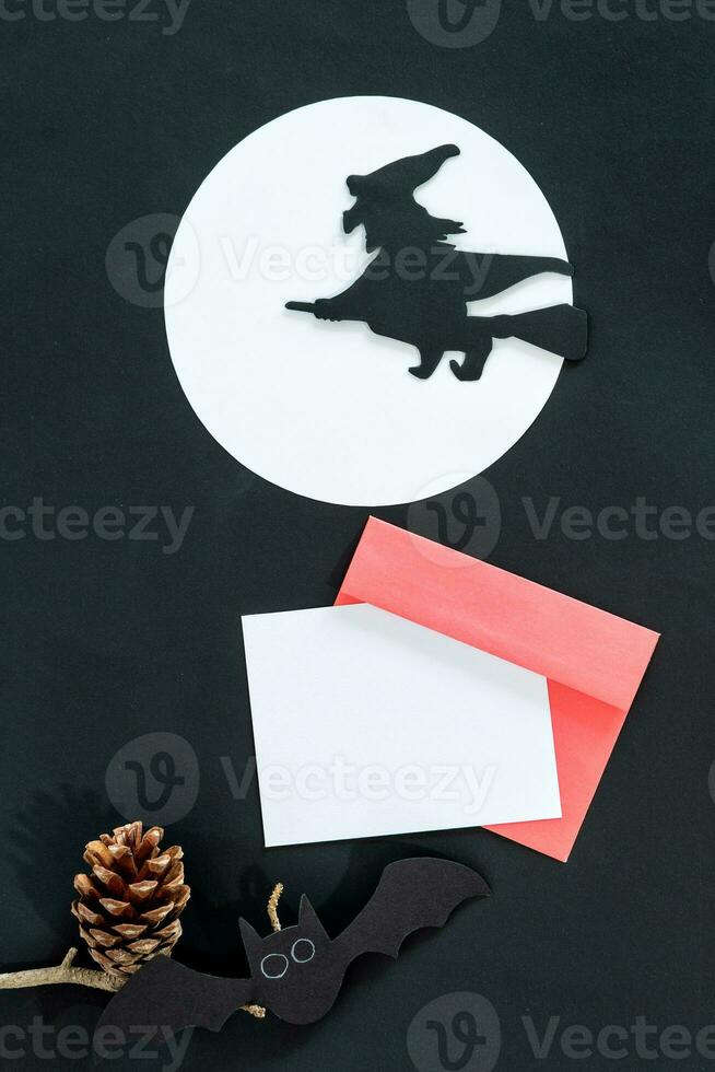 Blank white halloween card with witch and moon. Poster invitation mockup photo
