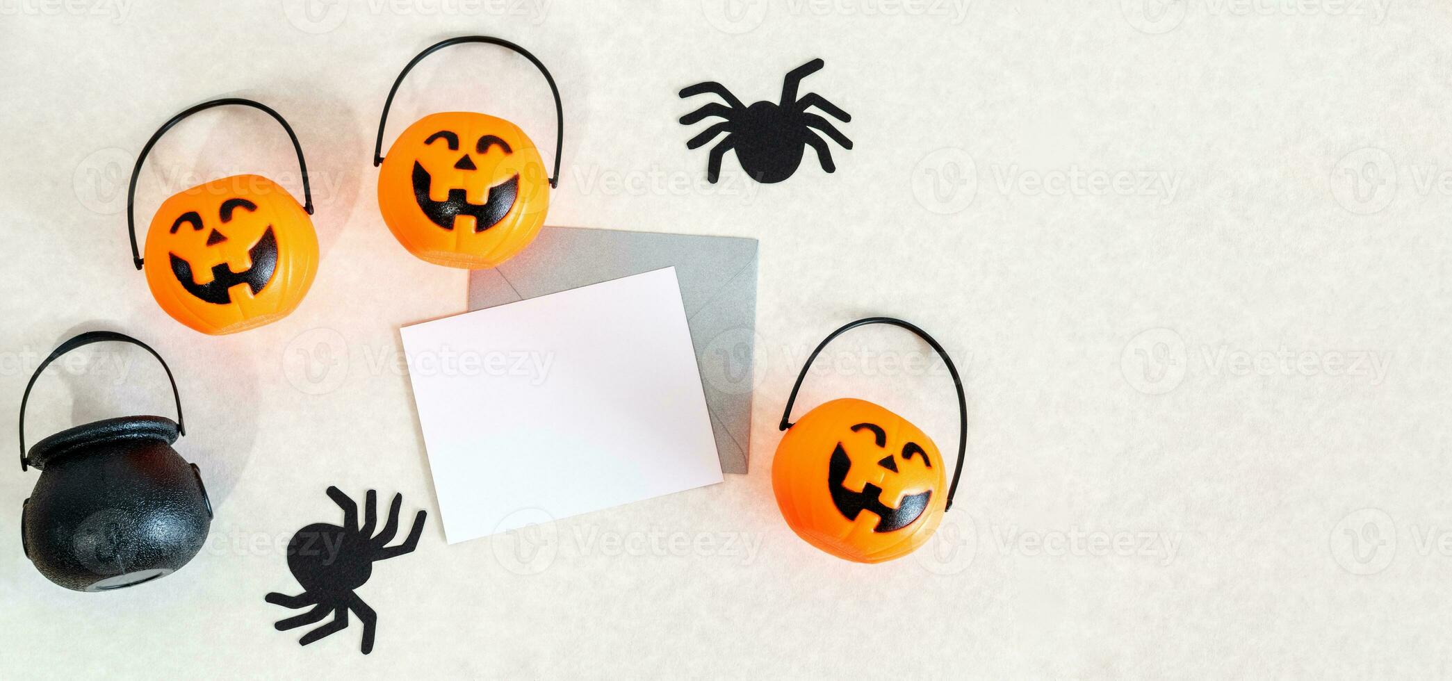 Blank white halloween card with pumpkins and spiders. Banner invitation mockup. photo