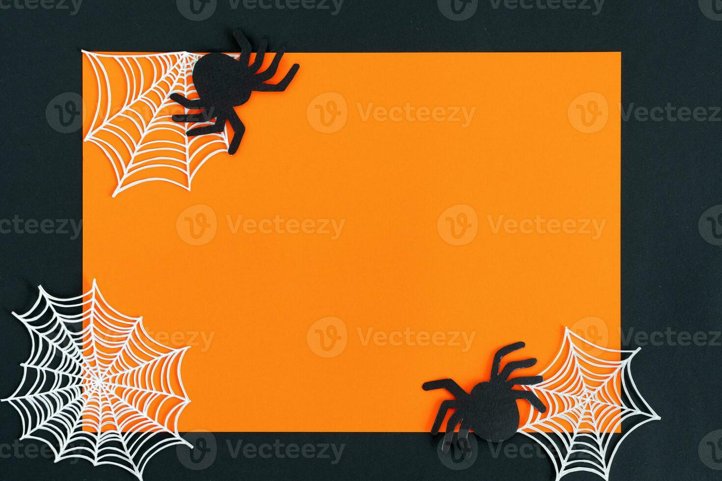 Halloween holiday background with spiders and spider web. View from above. photo
