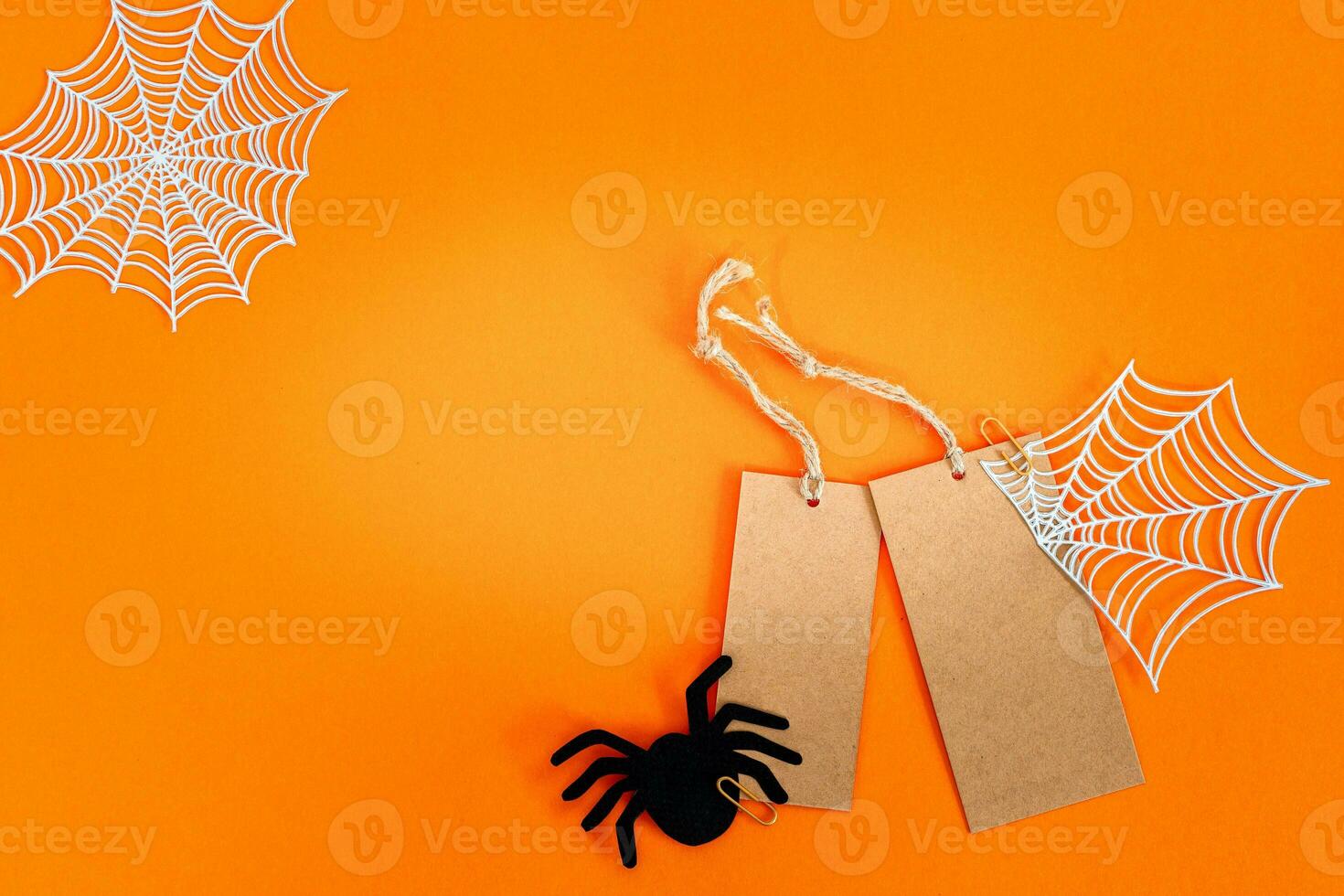 Halloween sale banner with labels and spider on orange background. photo