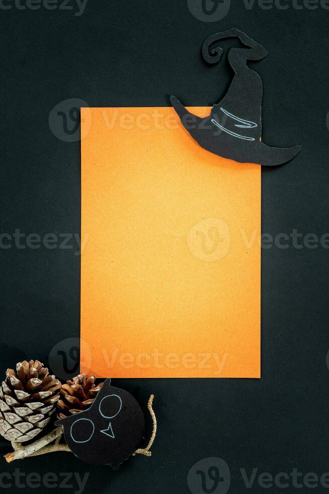 Halloween invitation. The owl and witch hat on orange and black background. photo