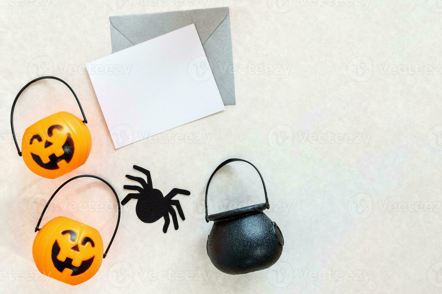 Blank white halloween card with pumpkins and spiders. Banner invitation mockup. photo