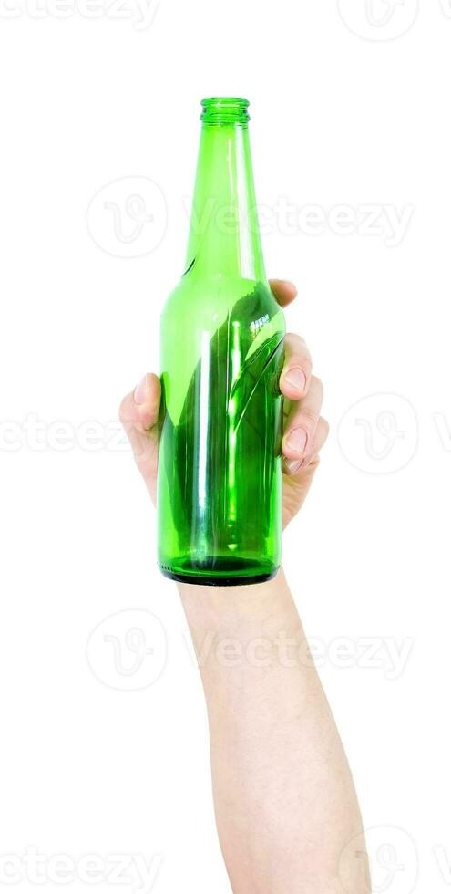 Male hand holding bottles of beer up at party giving a cheers isolated on blank background. photo