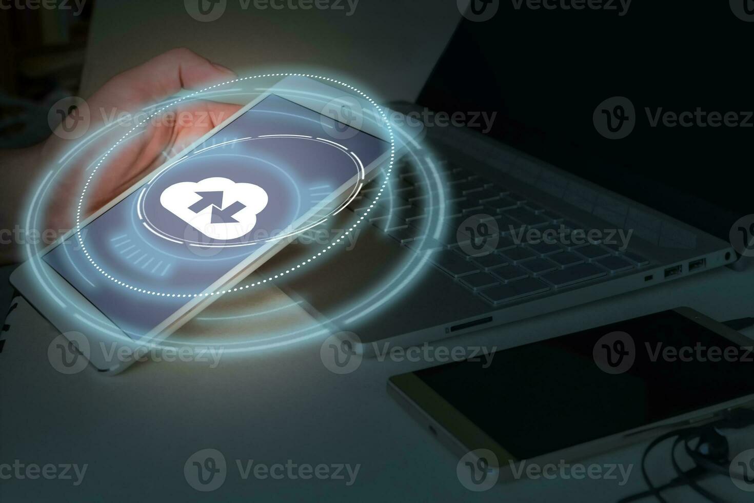 Cloud upload from tablet to store data on server. photo