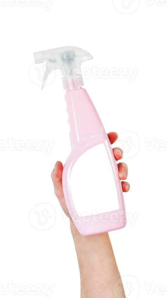 mano participación el plastico rociar botella con limpieza detergente en blanco o transparente antecedentes. foto
