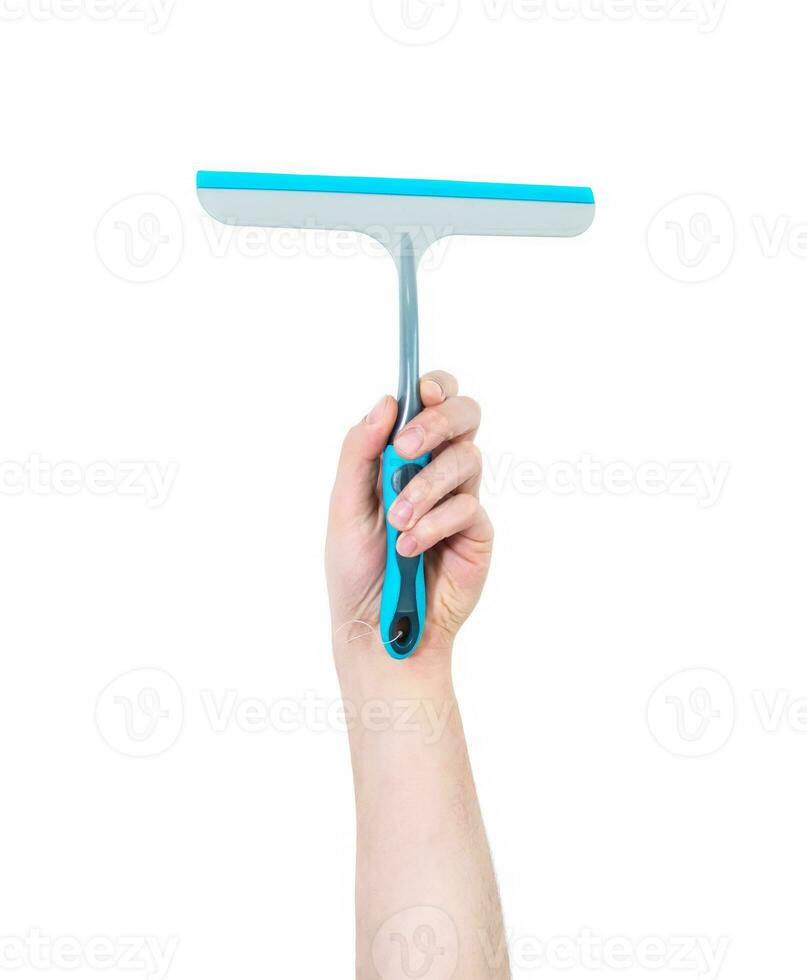 Man's arm raised holding a squeegee. Hygiene concept. Isolate on white background. photo