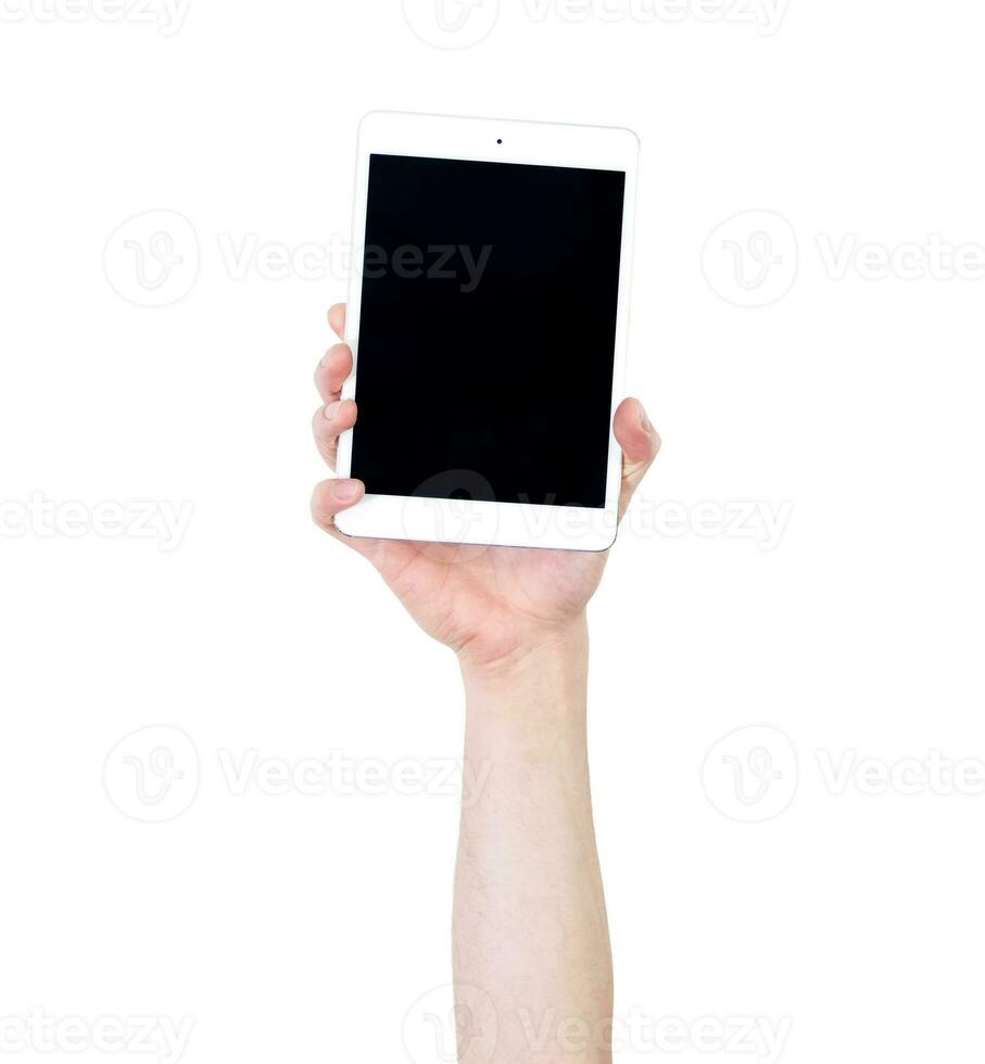 Man's arm raised holding a tablet. Technology concept. Isolate on white background. photo