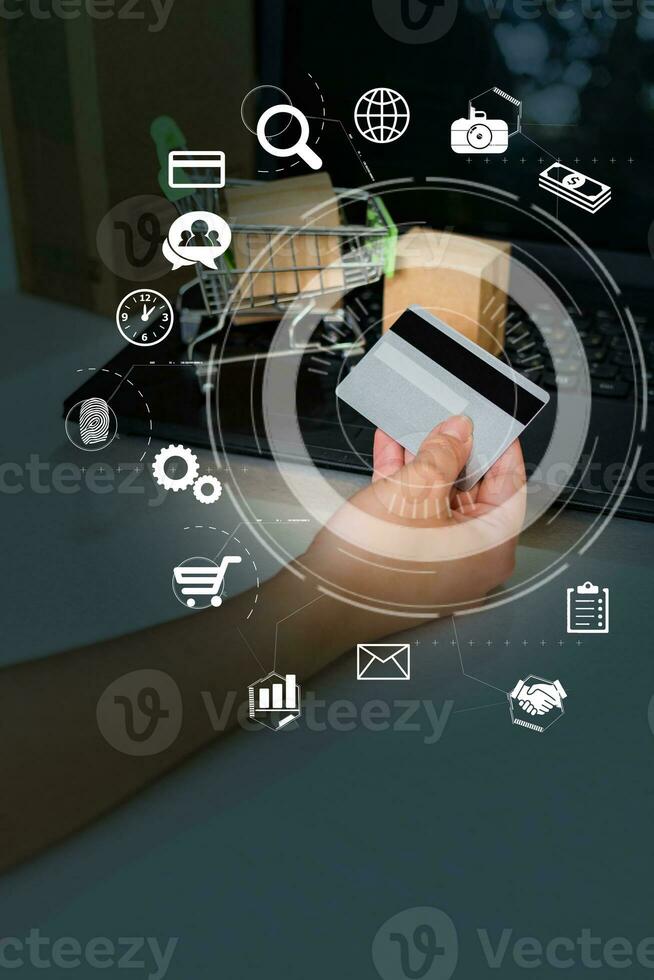 Digital composite image of E-commerce, internet payment, online shopping, financial technology concept. photo