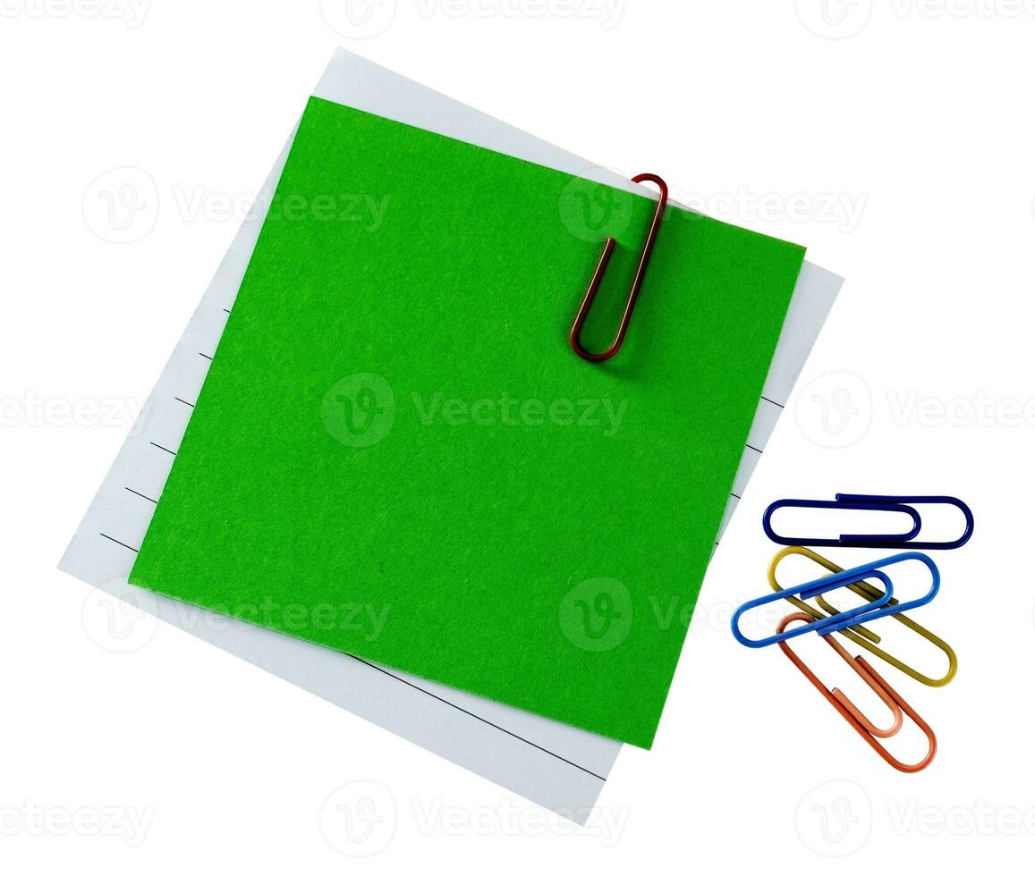 Notepads with paperclip top view isolated on white or transparent background. photo
