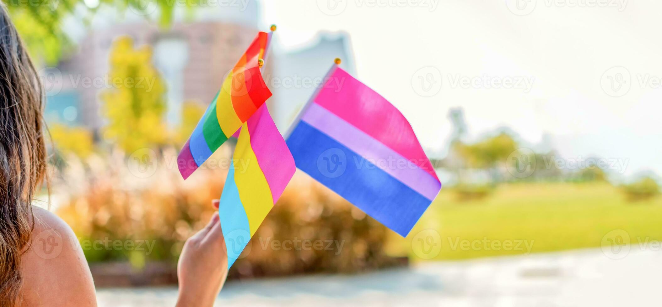 Gender queer. People wave LGBTQ gay pride rainbow flags at a pride event. Selective focus. photo