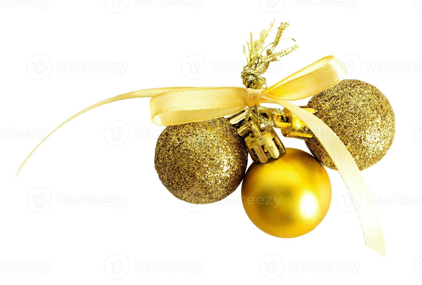 Gold baubles with yellow ribbon. Christmas Ornaments isolated on a white or transparent background. photo