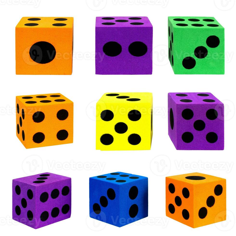 Collection of colorful foam dice, isolated. photo