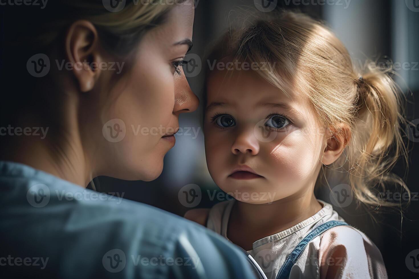 Portrait of mum holding cute child. Generative AI illustration. photo