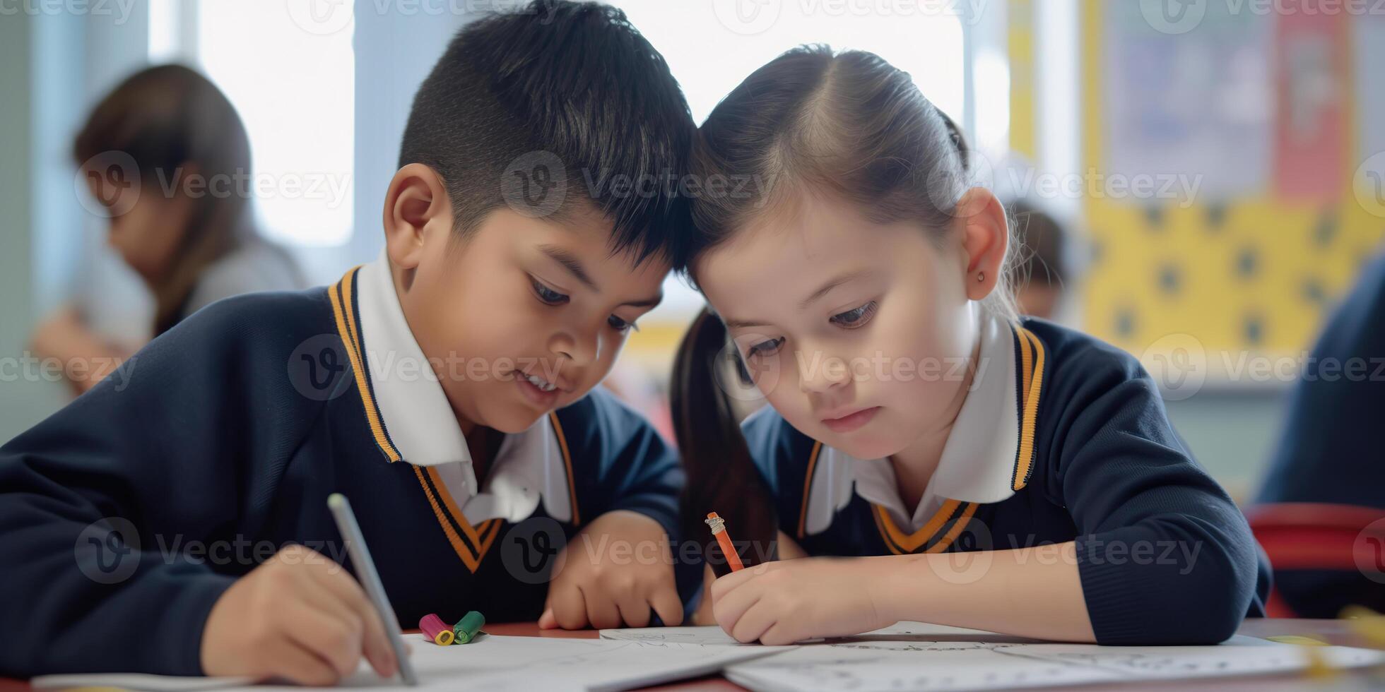 two Latino children studying in class. illustration. photo