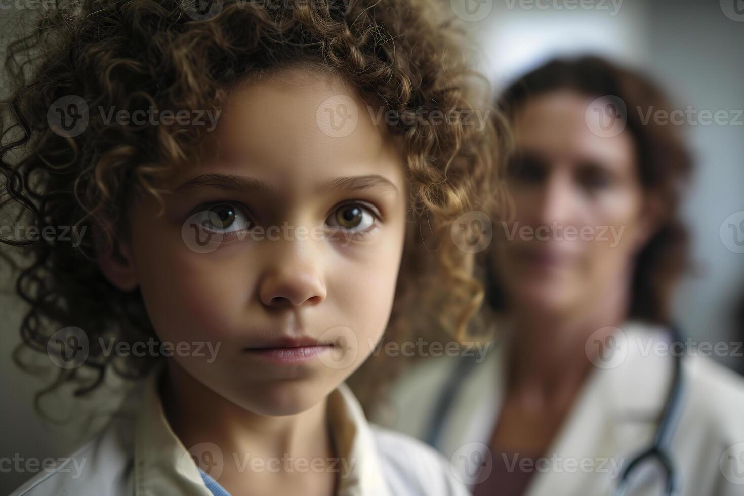 Portrait of curly-haired brunette boy and doctor in the background. illustration. photo
