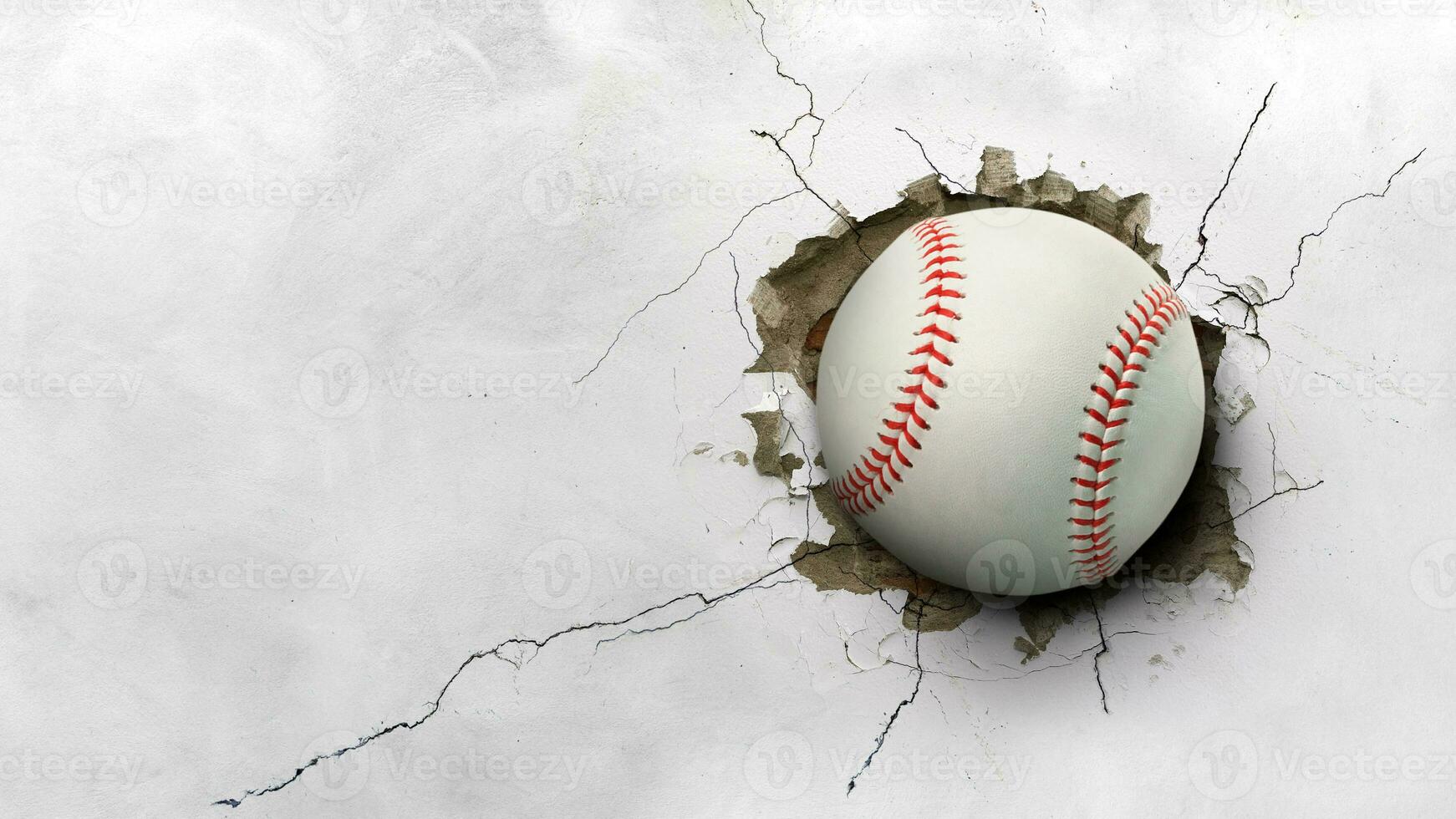 A baseball hits through a cement wall. concept of strength photo