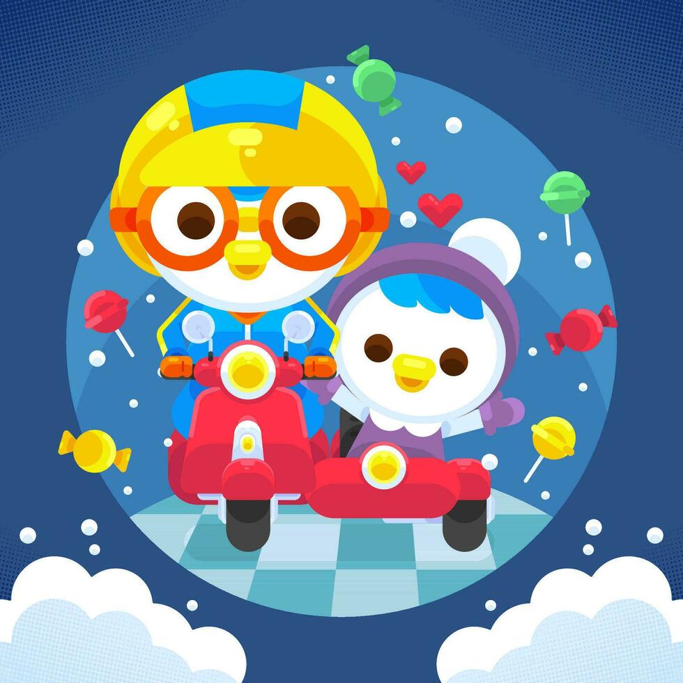 Penguin Riding A Scooter With His Friend In Candy World vector