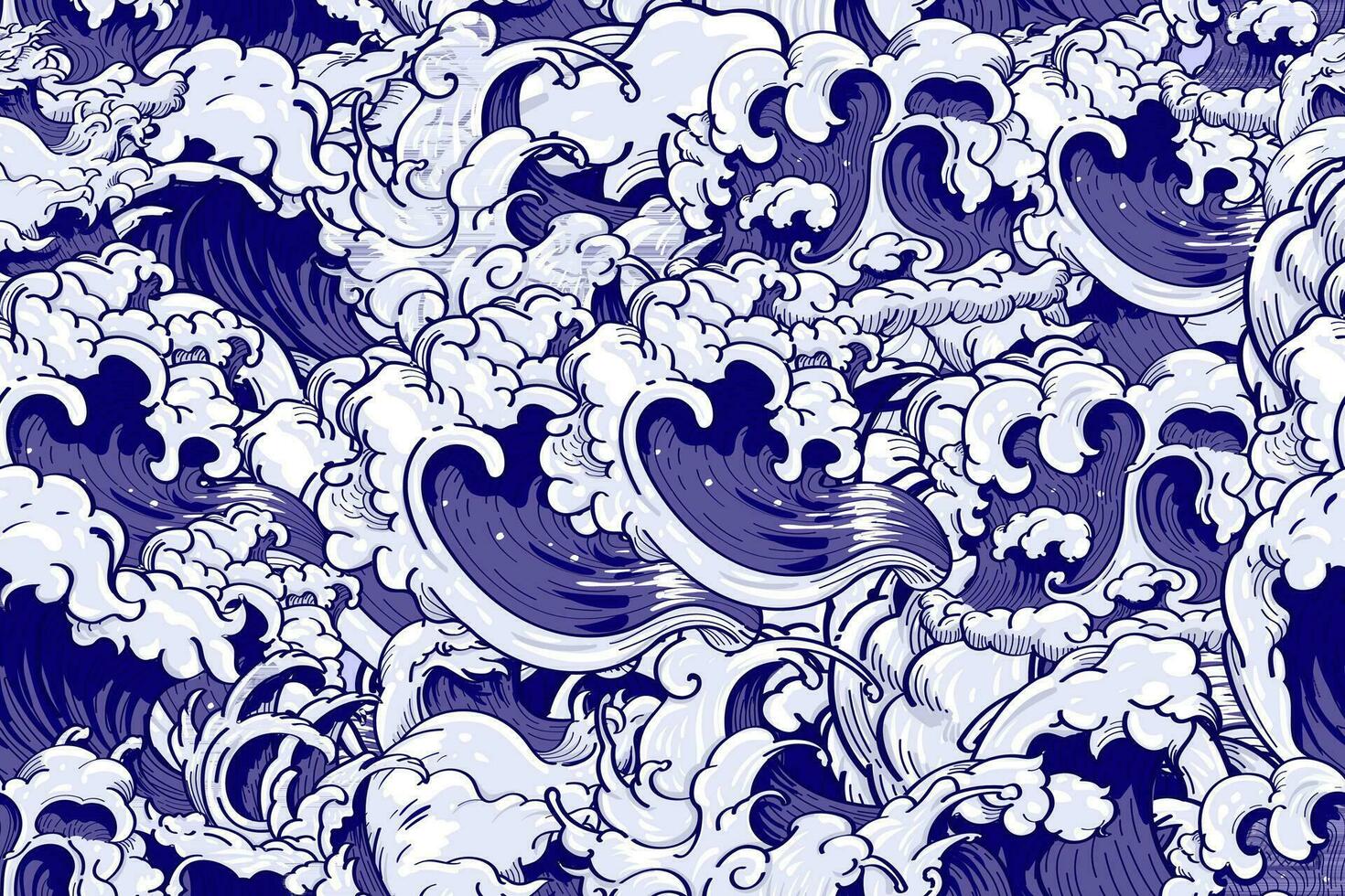 Ocean waves seamless pattern. Sea wave blue background, wind storm surf water hand drawn vector illustration