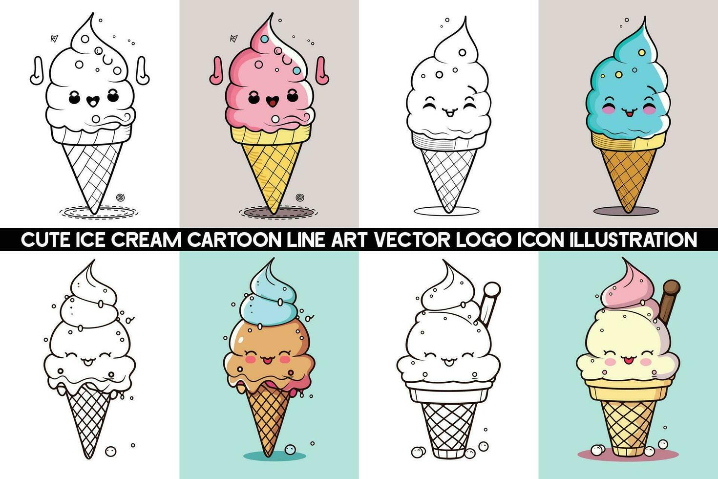 hielo crema dibujos animados logo diseño manojo, dibujos animados hielo crema cono, hielo crema dibujos animados personaje diseño, hielo crema ilustración vector manojo.