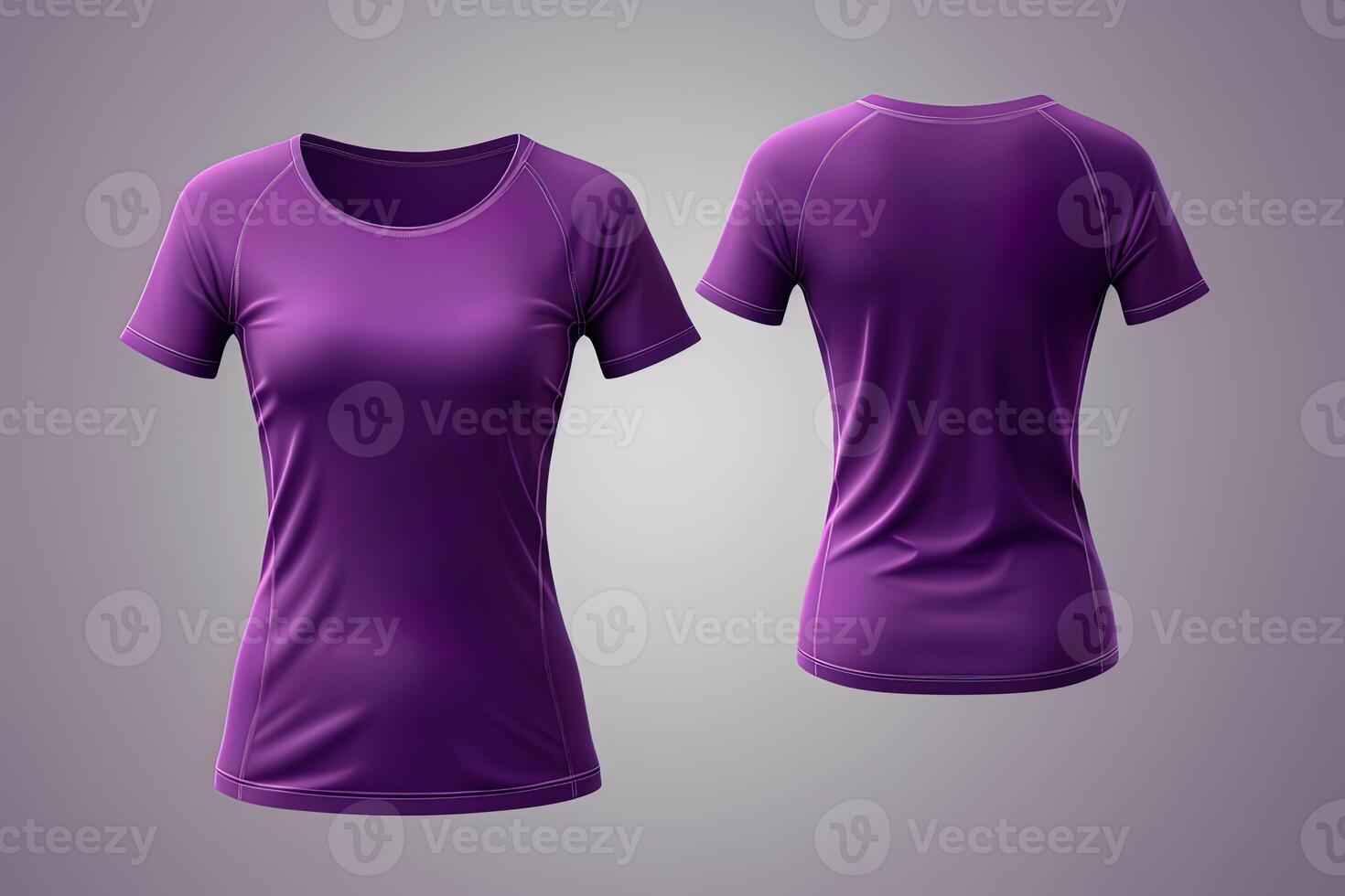 Purple female t-shirt realistic mockup set from front and back view, blank textile print design template for fashion apparel. photo