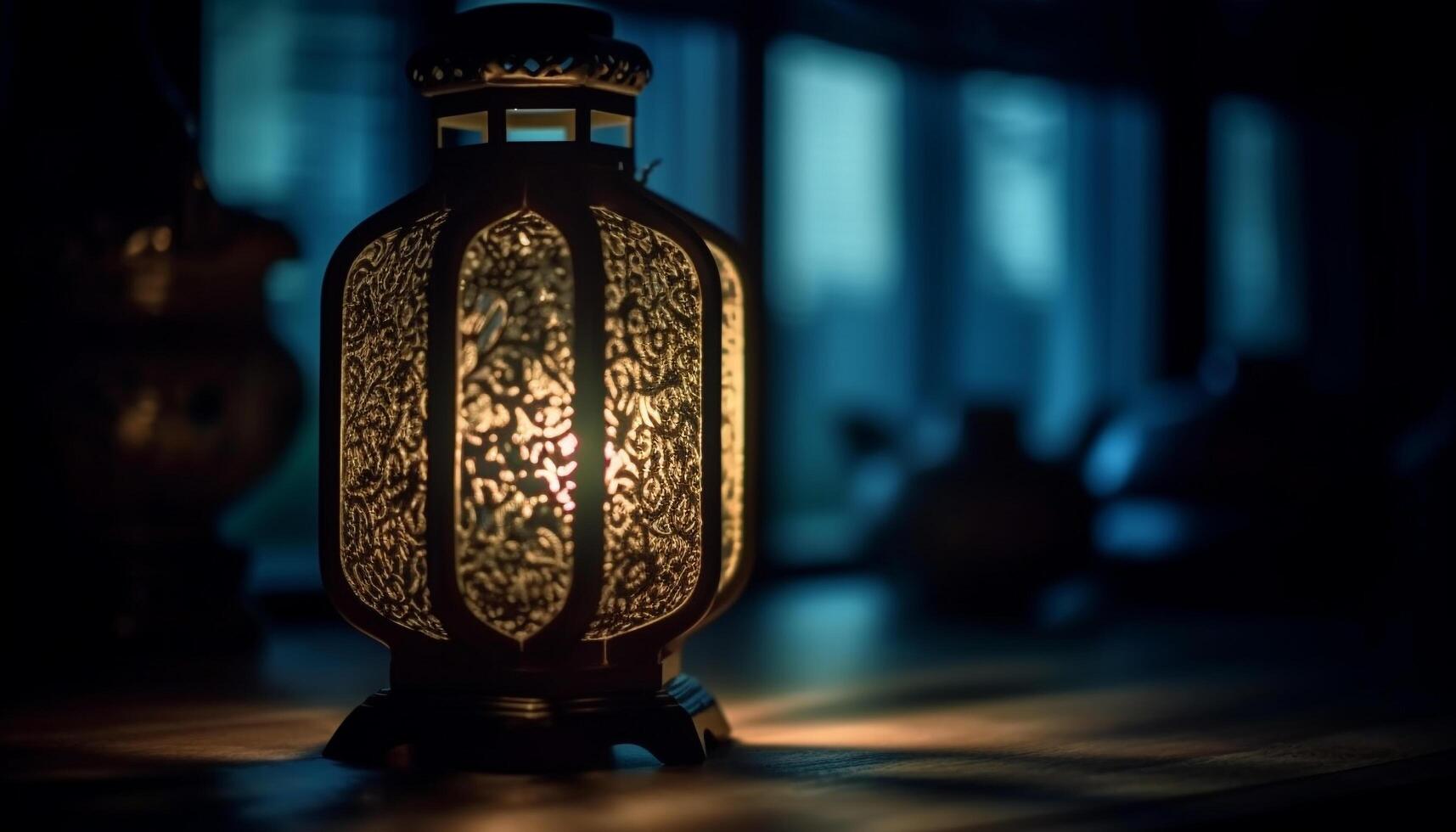 Antique lantern illuminates Ramadan night in Arabia generated by AI photo