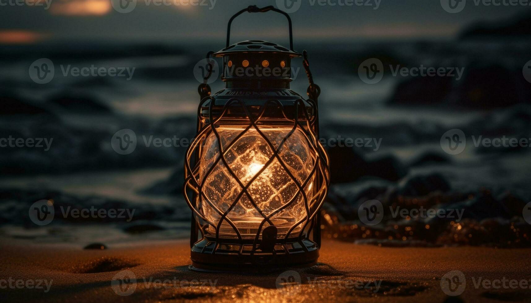 Glowing lantern illuminates old fashioned coastline at dusk generated by AI photo