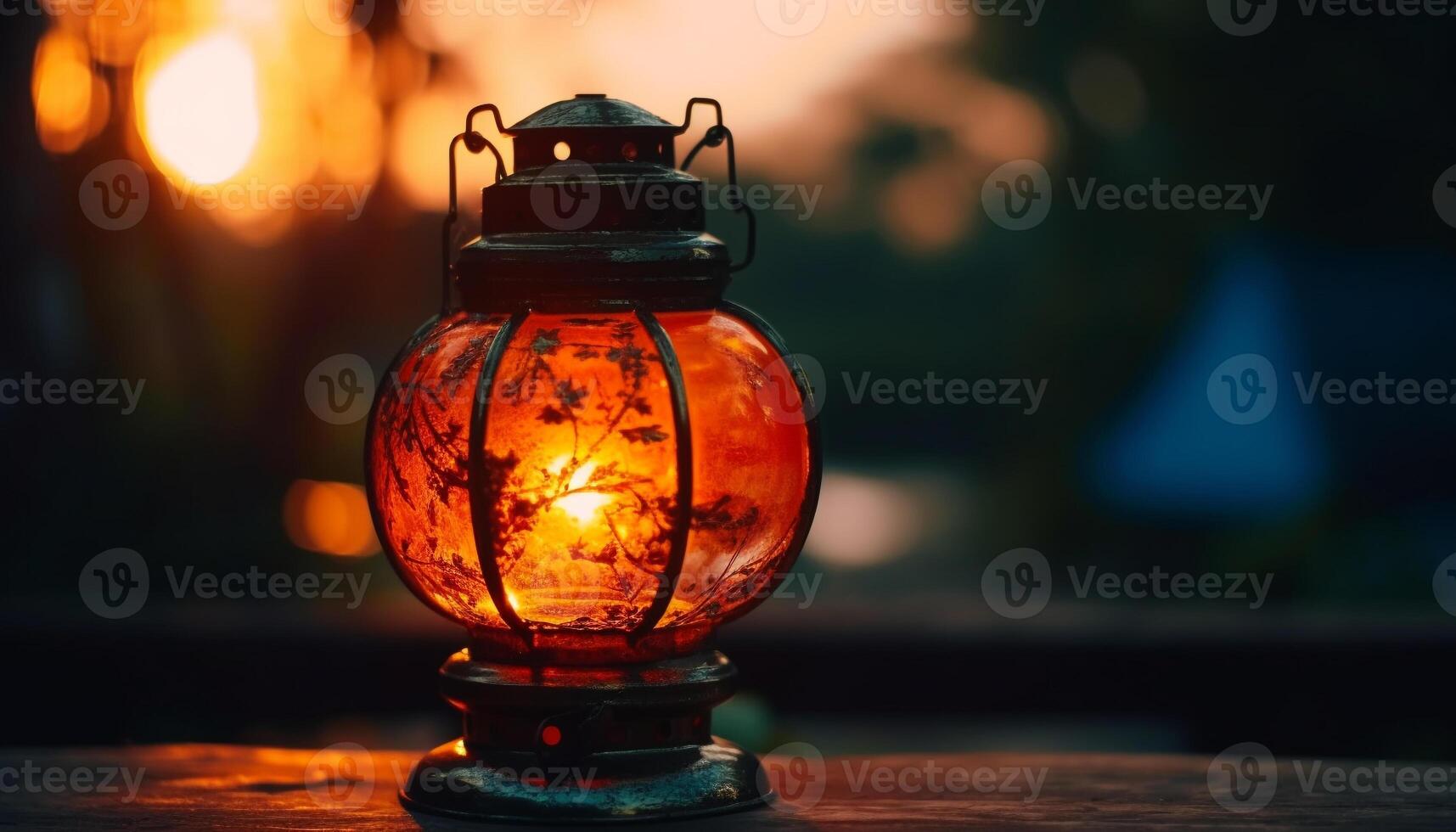 Glowing antique lantern illuminates spooky Halloween night generated by AI photo