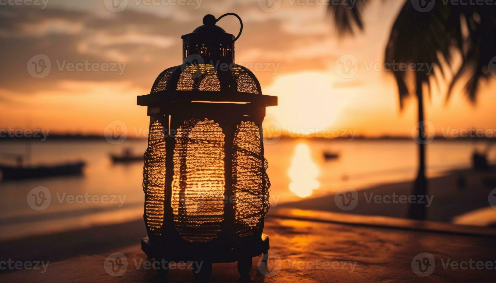 Glowing lantern illuminates tranquil sunset on coastline generated by AI photo