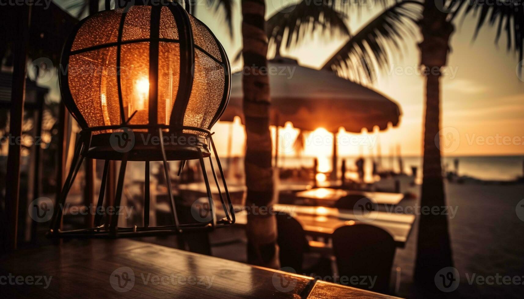 Luxury vacations at tropical resort, lanterns illuminate table generated by AI photo