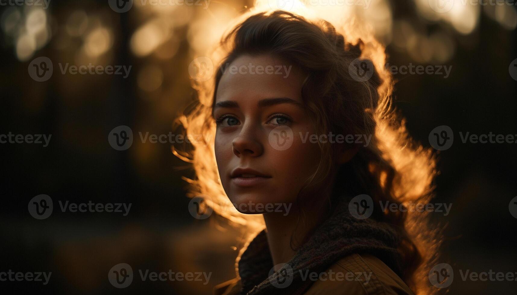 Young woman smiling in autumn sunset warmth generated by AI photo