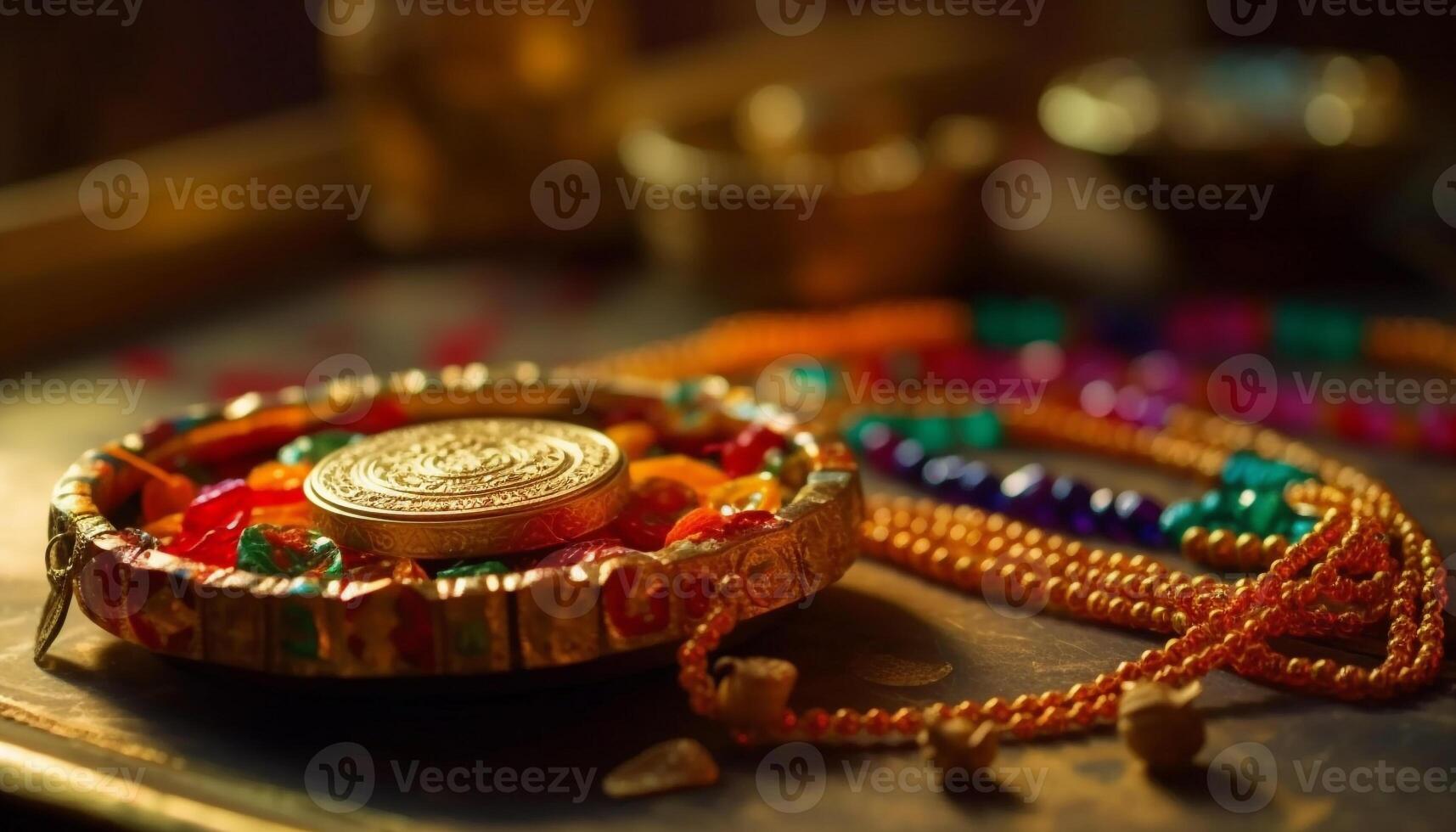 Ornate jewelry adorns indigenous culture traditional ceremony generated by AI photo