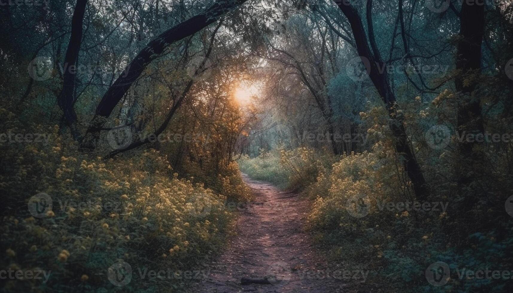 Spooky autumn forest, mystery in the fog generated by AI photo