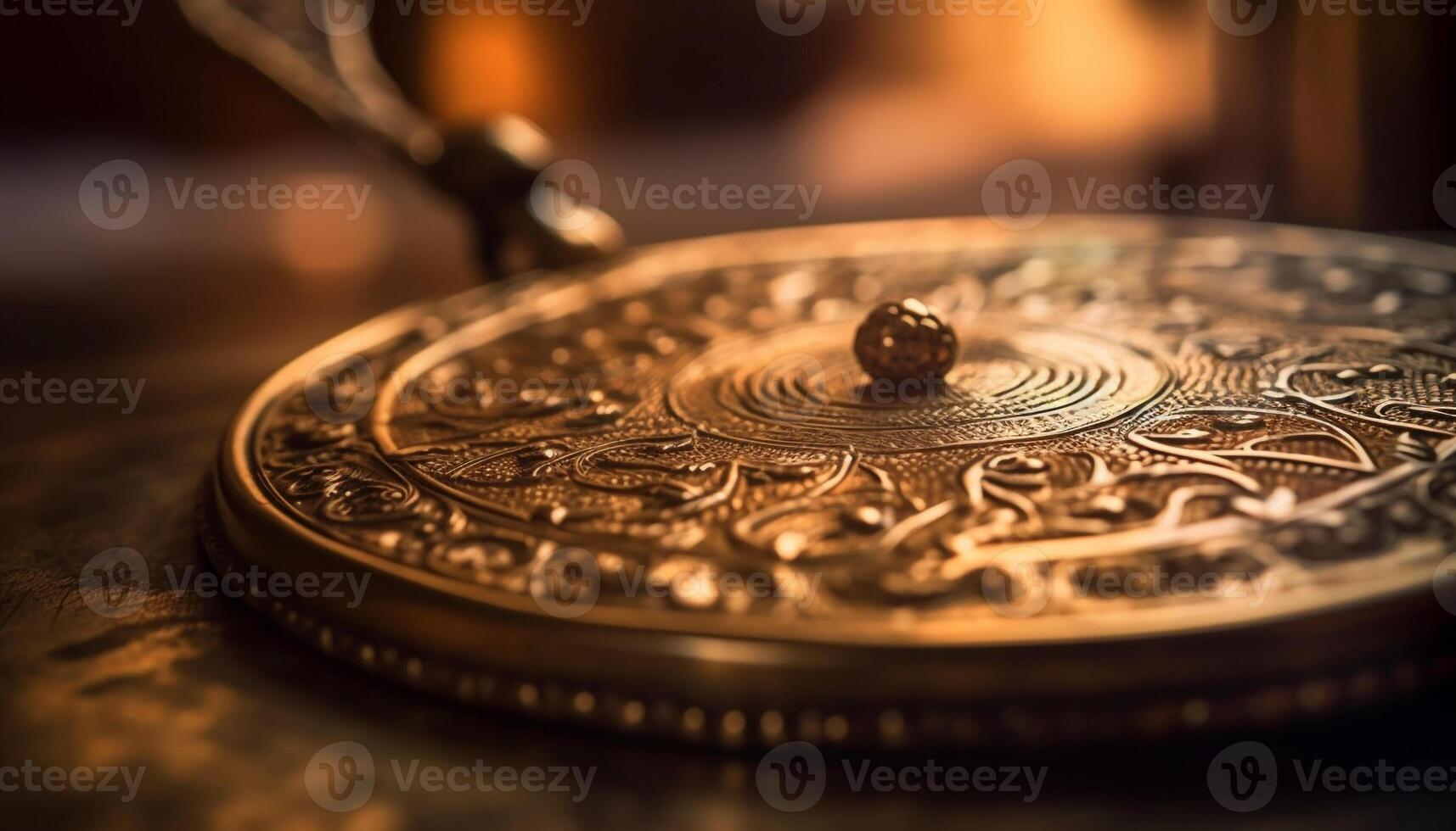 Antique coin on table, symbol of wealth generated by AI photo