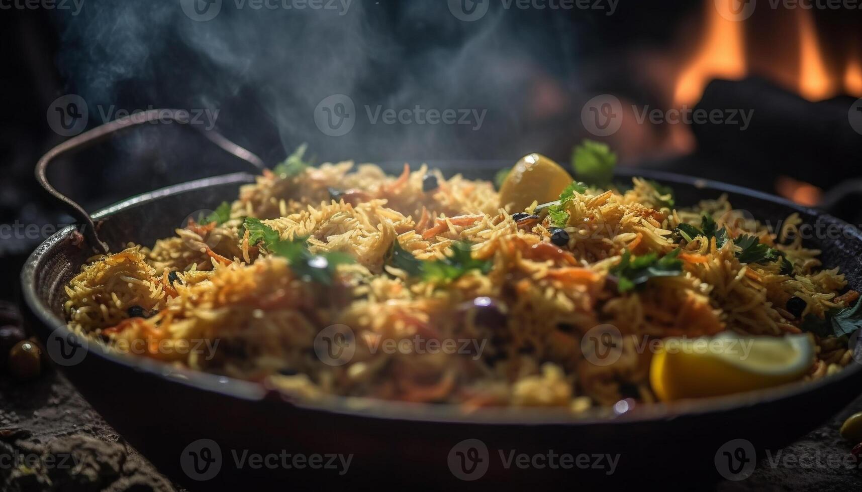 Gourmet paella cooked with seafood and saffron generated by AI photo