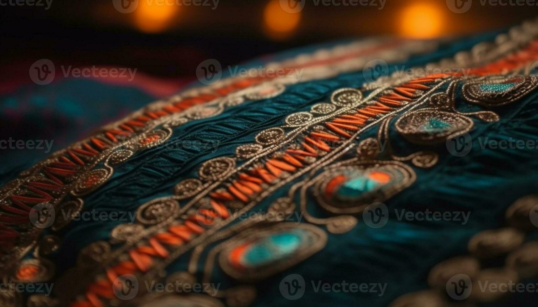 Woven wool rug, ornate embroidery, vibrant colors generated by AI photo